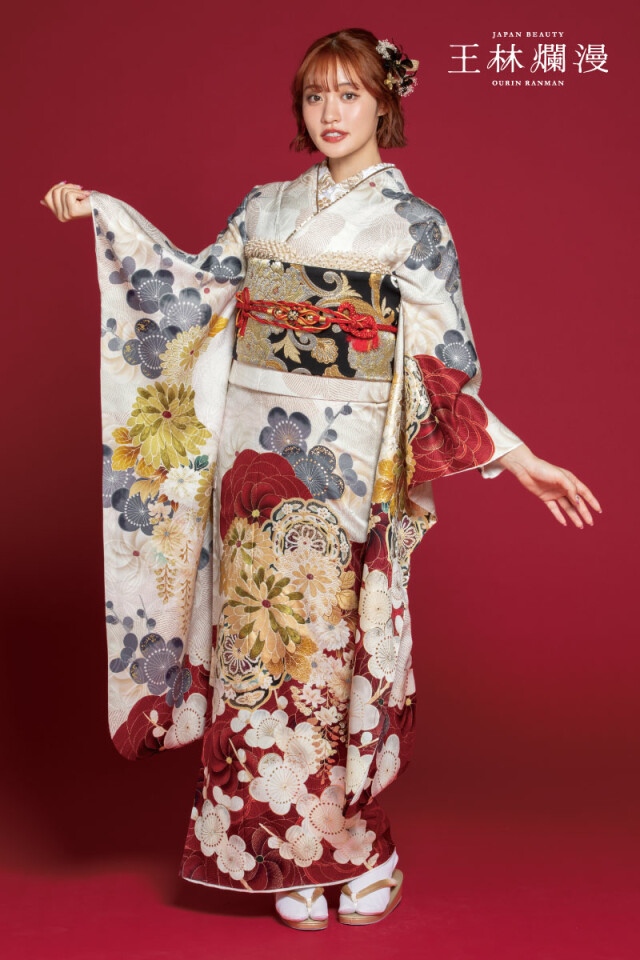 専用　154 中振袖 成人式 着物 美品 振袖専門店 オンディーヌの振袖 /赤色/ゴールド色/古典/花柄/ OR-312