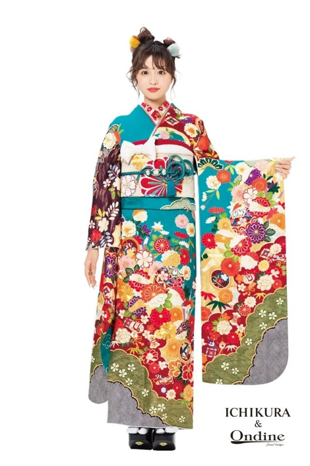 振袖専門店 オンディーヌの振袖 /水色/朱色/レトロ/雲取り柄/ OE-1292