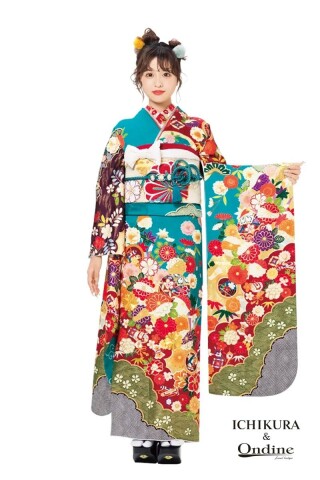 振袖専門店 オンディーヌの振袖 /水色/朱色/レトロ/雲取り柄/ OE-1292