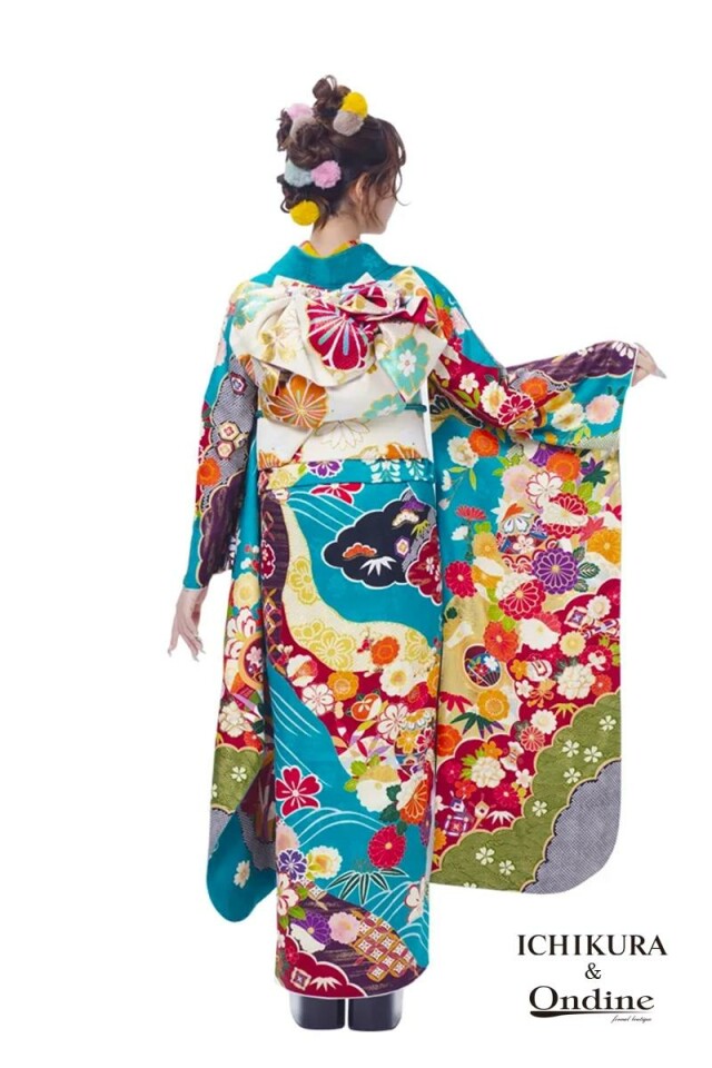 Ondine 振袖フルセット　小物込み　一点物 振袖専門店 オンディーヌの振袖 /水色/朱色/レトロ/雲取り柄/ OE-1292