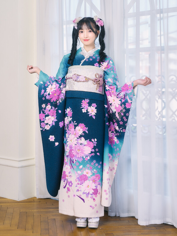 497 振袖フルセット 正絹 ピンク 水色 生成 銀彩 総手書き 暈し染め 蝶 20Lab.（ハタチラボ.）の振袖 /青色/ピンク色/キュート/花柄/ P08-4