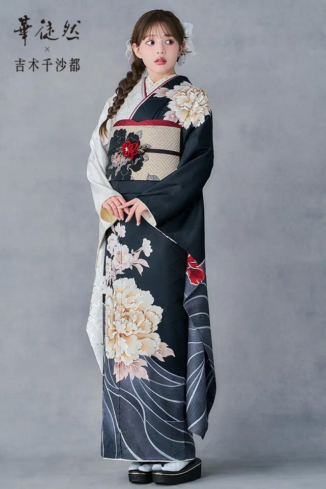 ジョイフル恵利の振袖 /黒色/白色/クール/牡丹柄/ HT-1006 華徒然×吉木