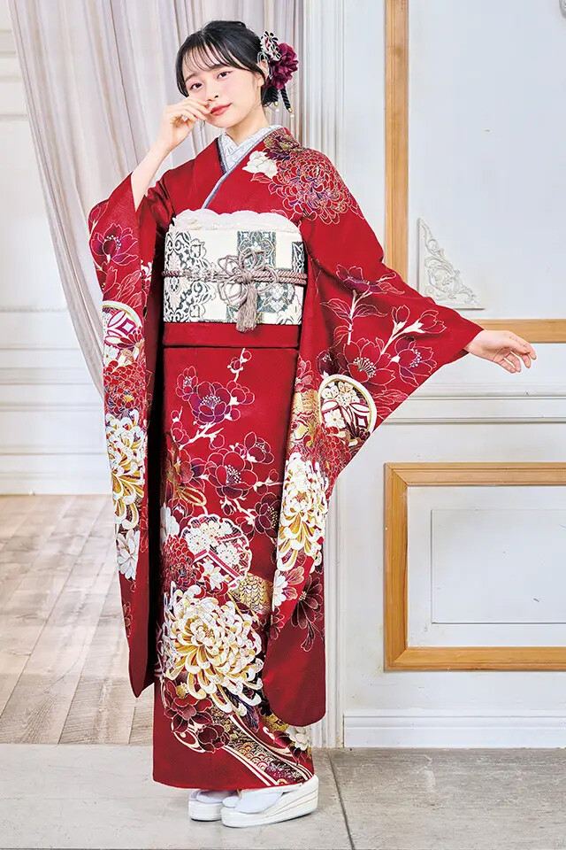 ジョイフル恵利の振袖 /赤色/白色/古典/菊柄/ E-4702【2026カタログ