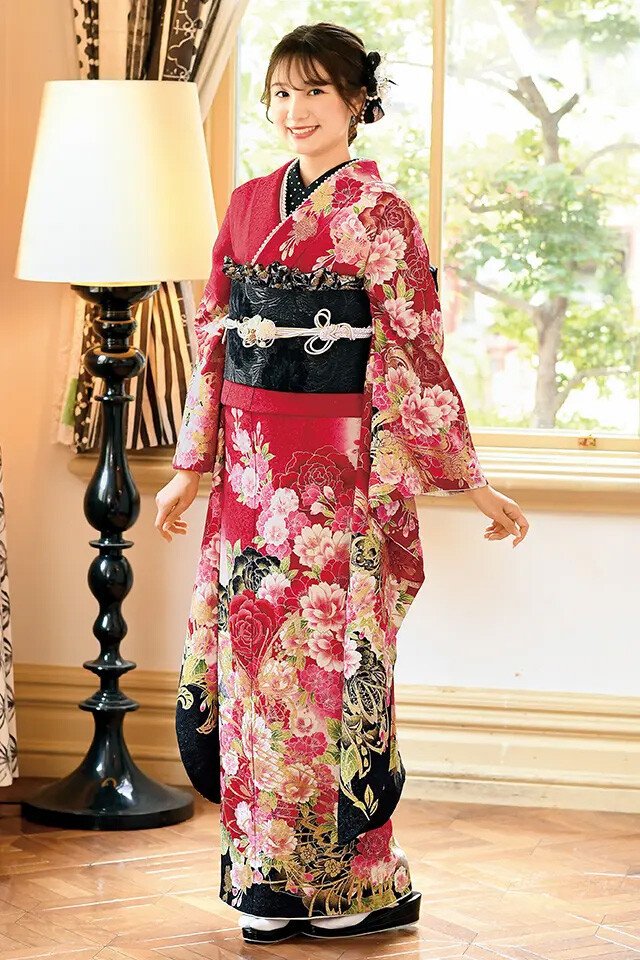 ジョイフル恵利の振袖 /赤色/黒色/キュート/バラ柄/ I-3201 | My振袖
