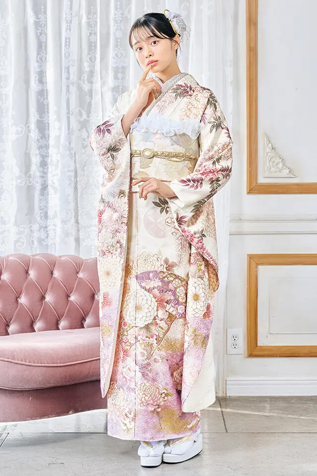 ジョイフル恵利の振袖 /白色/ピンク色/古典/扇面柄/ E-4705【2026