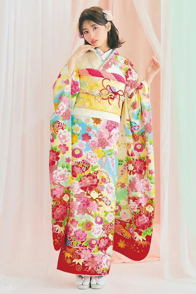 洗える振袖 ジョイフル恵利の振袖 /黄色/水色/キュート/花柄/ I-3402 | My振袖