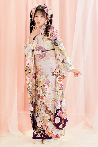 ジョイフル恵利の振袖 /ピンク色/紫色/キュート/道長取り柄/ I-4402