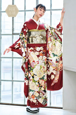 ジョイフル恵利の振袖 /赤色/白色/古典/熨斗柄/ KR-202【綺羅璃