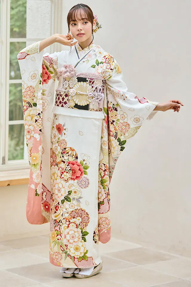 ジョイフル恵利の振袖 /白色/ピンク色/キュート/桜柄/ SPF-303 | My振袖