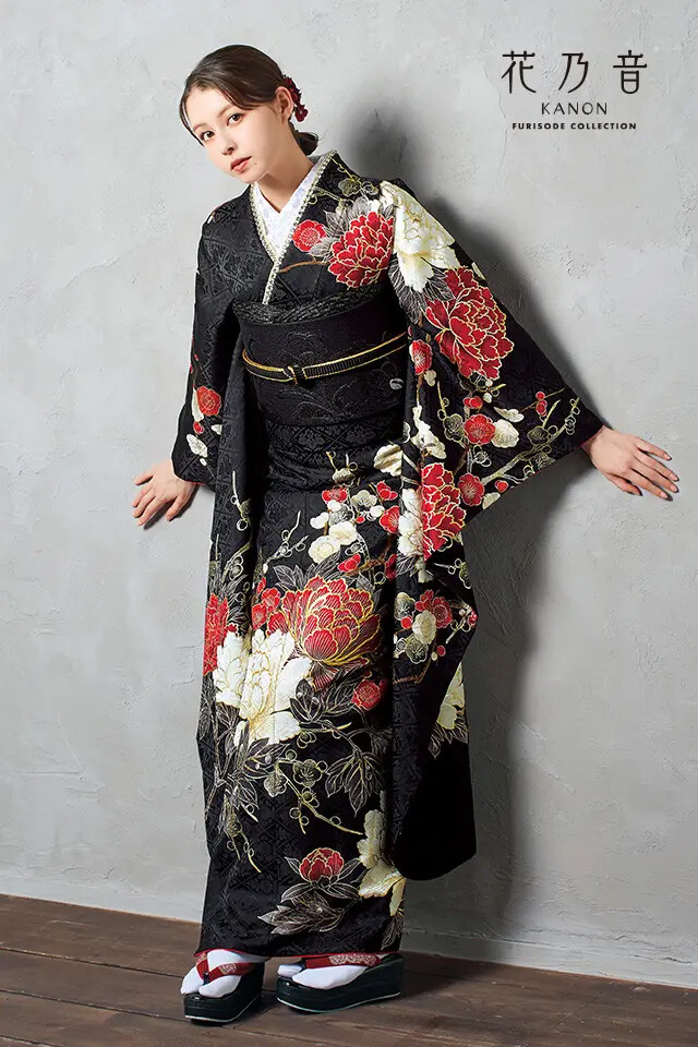 ジョイフル恵利の振袖 /黒色/赤色/クール/牡丹柄/ KN-403花乃音【KANON
