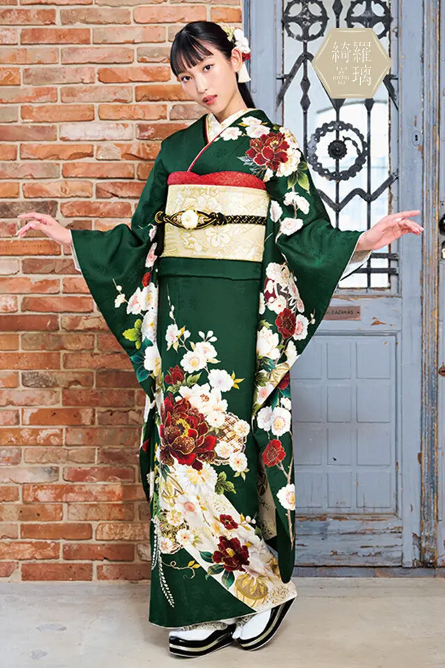 ジョイフル恵利の振袖 /緑色/赤色/古典/牡丹柄/ KR-206【綺羅璃