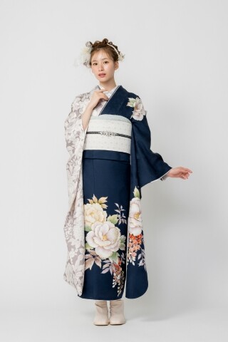 振袖4点セット 紺と白 兎 鹿子 美品 京都きもの友禅お誂え 京都きもの友禅の振袖 /紺色/その他色/キュート/花柄/ No.1170 正絹 京