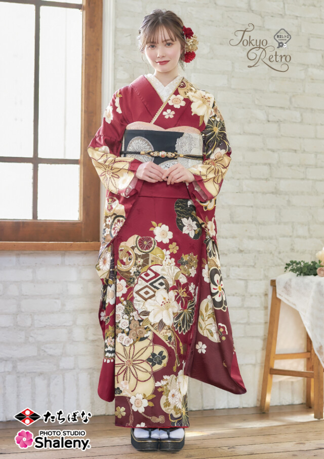 たちばなグループの振袖 /赤色/ゴールド色/古典/花柄/ 東京レトロ TR