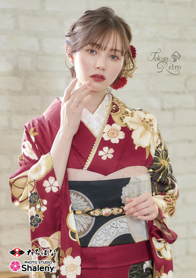 たちばなグループの振袖 /赤色/ゴールド色/古典/花柄/ 東京レトロ TR