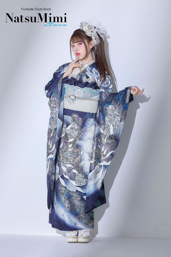 美しい振袖 グレー青紫 蝶模様 和らいふの振袖 /青色/グラマラス/牡丹柄/ NatsuMimi NAT-221 | My振袖