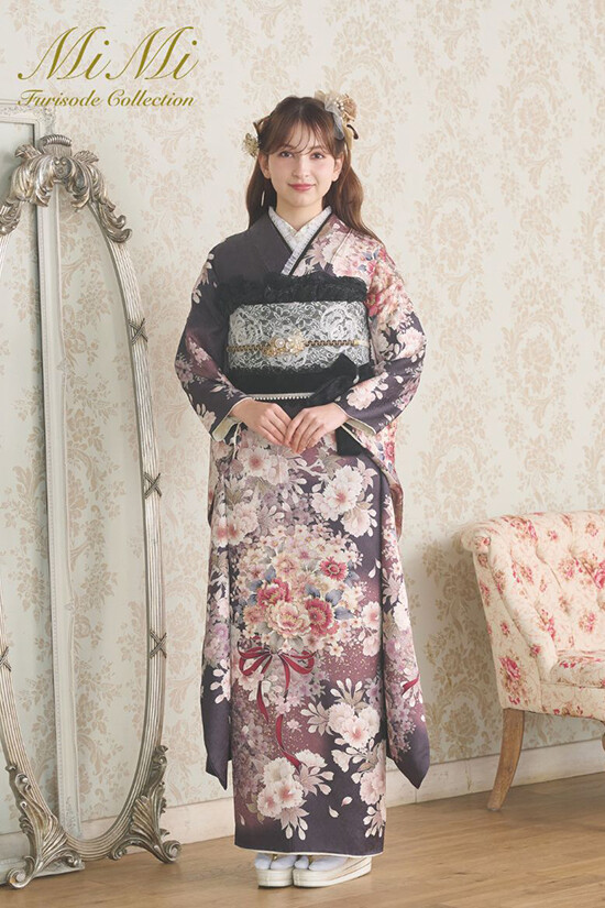 みー お振袖② 和らいふの振袖 /グレー色/茶色/キュート/花柄/ MiMi Furisode