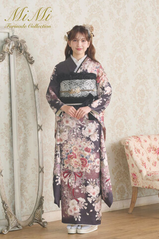 和らいふの振袖 /グレー色/茶色/キュート/花柄/ MiMi Furisode