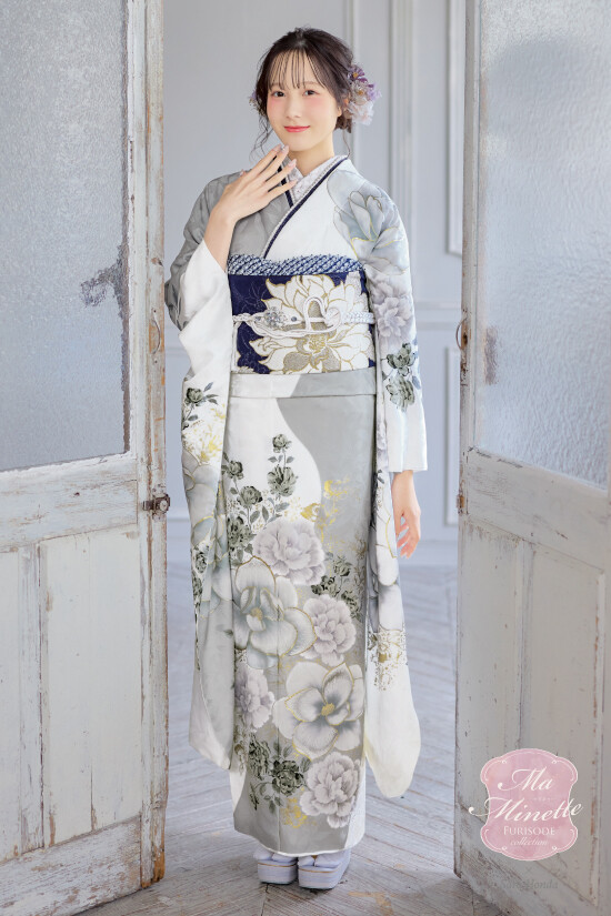 花いち都屋の振袖 /白色/グレー色/エレガント/花柄/ MAF-0705 | My振袖