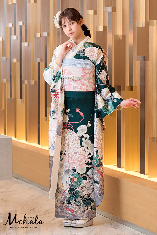 青緑色 花柄 振袖 帯 成人式 振袖 レンタル 無地 青 【青緑無地刺繍 N-spice】 振袖 レンタル