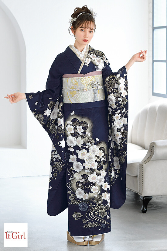 花いち都屋の振袖 /紺色/古典/花柄/ IT2504 | My振袖
