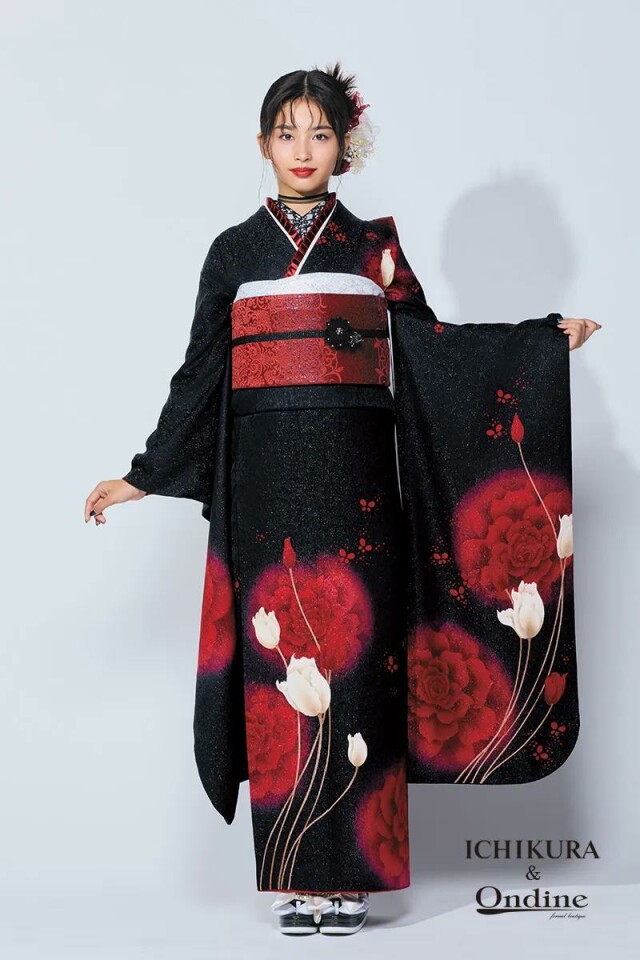 年末セール　振袖　帯　ondine 一蔵　ゴールド　グレー　黒　エンジ 一蔵＆オンディーヌの振袖 /黒色/赤色/エレガント/バラ柄/ E-552 | My振袖