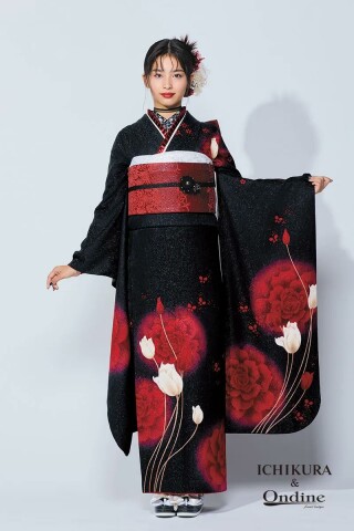 一蔵＆オンディーヌの振袖 /黒色/赤色/クール/百合柄/ OE-1512 | My振袖