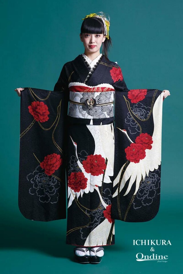一蔵＆オンディーヌの振袖 /黒色/白色/古典/鶴柄/ E-788 | My振袖