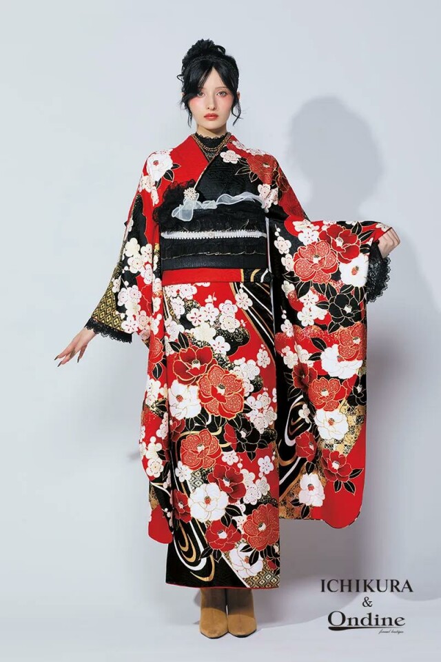 一蔵＆オンディーヌの振袖 /赤色/黒色/レトロ/椿柄/ OE-1379【取り寄せ