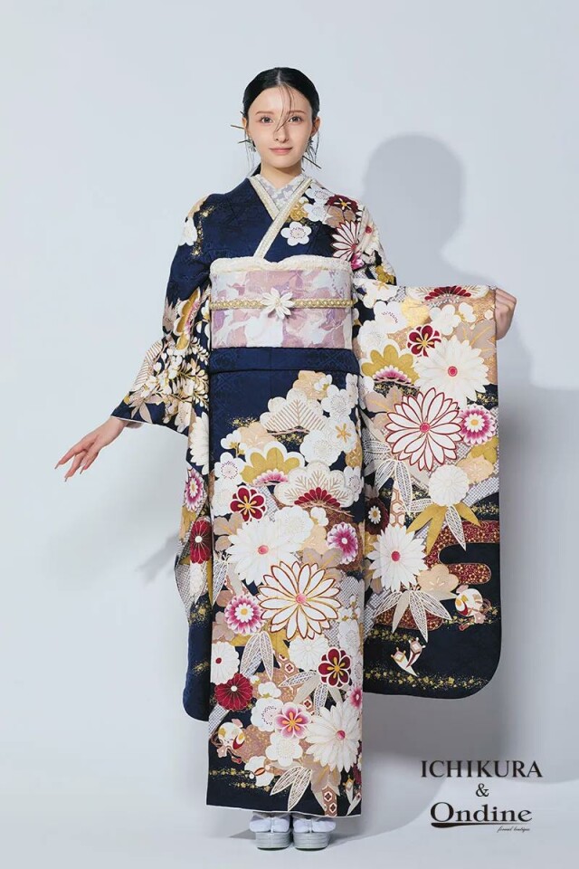 一蔵＆オンディーヌの振袖 /紺色/白色/古典/花柄/ OE-1518【取り寄せ