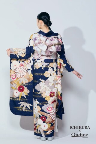 一蔵＆オンディーヌの振袖 /紺色/白色/古典/花柄/ OE-1518【取り寄せ