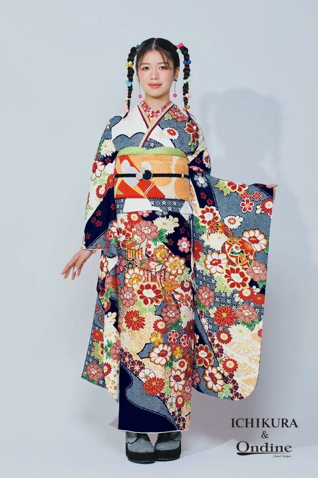 一蔵＆オンディーヌの振袖 /紺色/白色/古典/花柄/ SPB-2 | My振袖