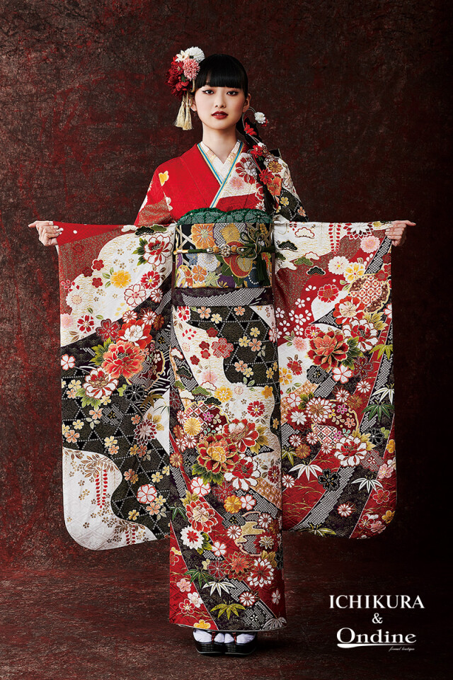 振袖専門店 一蔵の振袖 /赤色/黒色/古典/花柄/ E-1042 | My振袖