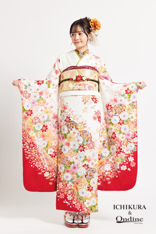 【セット・美品】振袖　フルセット　絞り染め　一蔵 振袖専門店 一蔵の振袖 /白色/赤色/古典/桜柄/ E-1002 | My振袖