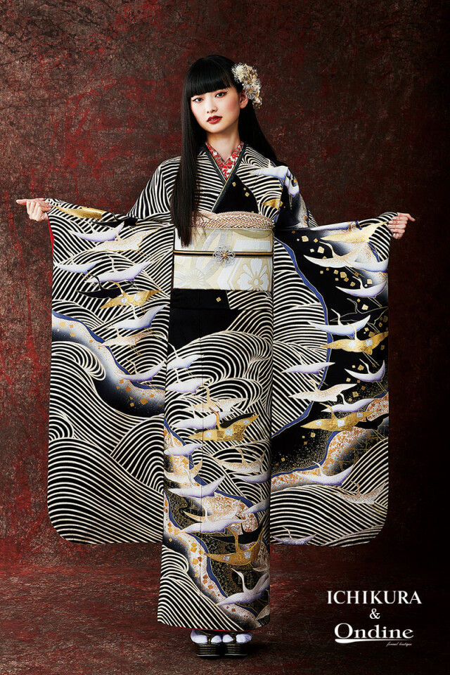 振袖専門店 一蔵の振袖 /黒色/白色/古典/鶴柄/ E-915 | My振袖