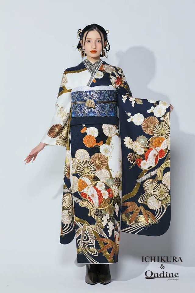 振袖専門店 一蔵の振袖 /紺色/ゴールド色/エレガント/熨斗柄/ OE-1528