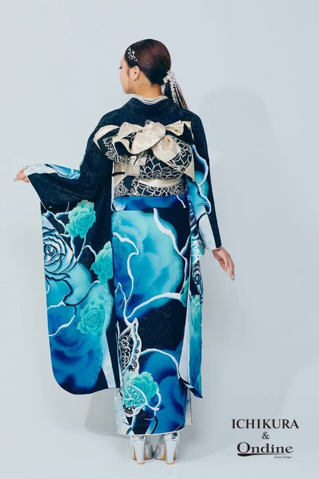 振袖専門店 一蔵の振袖 /黒色/水色/キュート/バラ柄/ E-808 | My振袖