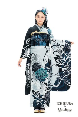 振袖専門店 一蔵の振袖 /黒色/水色/キュート/バラ柄/ E-808 | My振袖