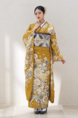 近江屋の振袖 /黄色/古典/牡丹柄/ T-114 2026年冬モデル | My振袖
