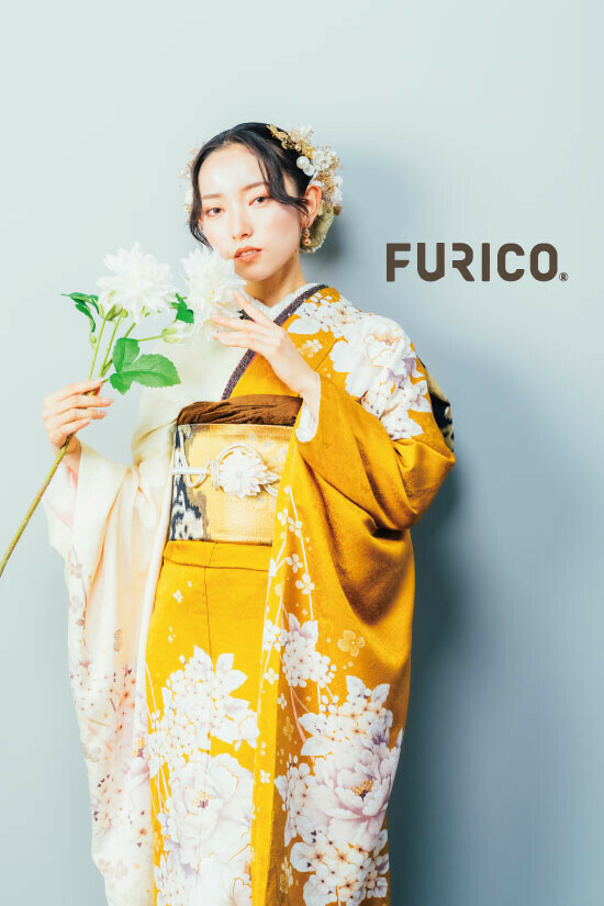 FURICOの振袖 /黄色/その他色/古典/牡丹柄/ からし色×クリーム 片身