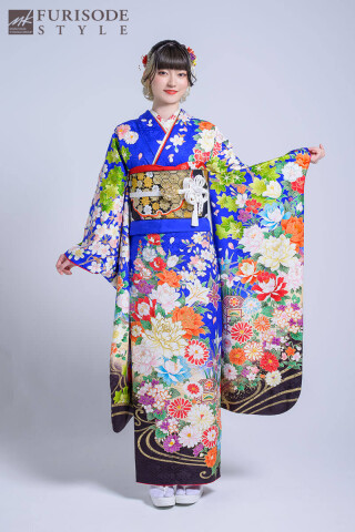 【MK-1209】青地に瑞々しい花葉が涼やかに咲き誇る_振袖_52511 | FURISODE　STYLE　まるやま・京彩グループ