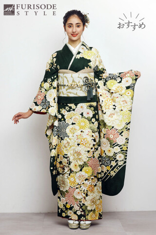 【MK-1508】華やかな花々が咲き誇る深緑の振袖_振袖_52528 | FURISODE　STYLE　まるやま・京彩グループ