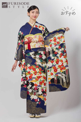 【MK-1614】深い紺地に華やかな花模様が映える豪華な振袖_振袖_52538 | FURISODE　STYLE　まるやま・京彩グループ