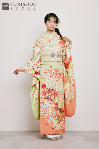 niccori☺︎ 振袖フルセット 身丈158裄66.5 山吹色 色無地 FURISODE STYLE まるやま・京彩グループの振袖 /緑色/ピンク色