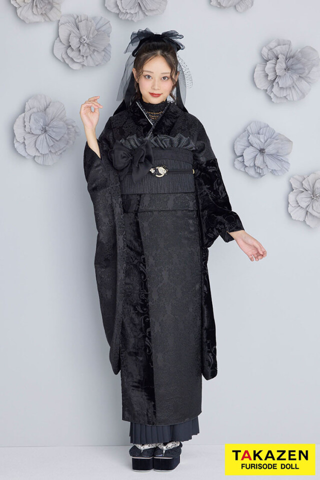 TAKAZENの振袖 /黒色/クール/無地柄/ くすみカラーレトロ 黒