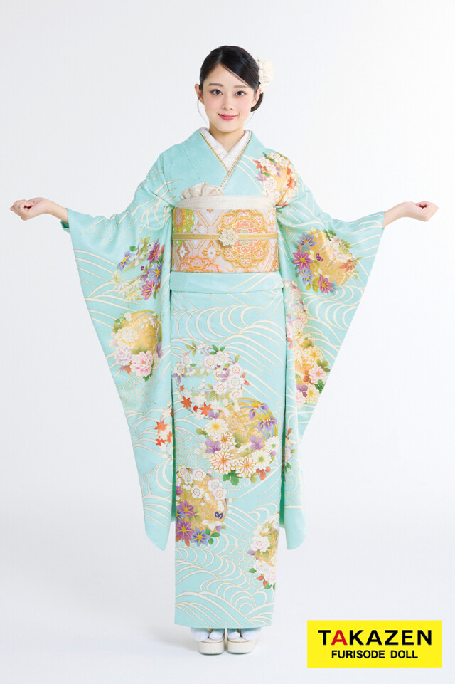 TAKAZENの振袖 /水色/古典/花柄/ プレミアム古典 吉澤織物/最高級金彩