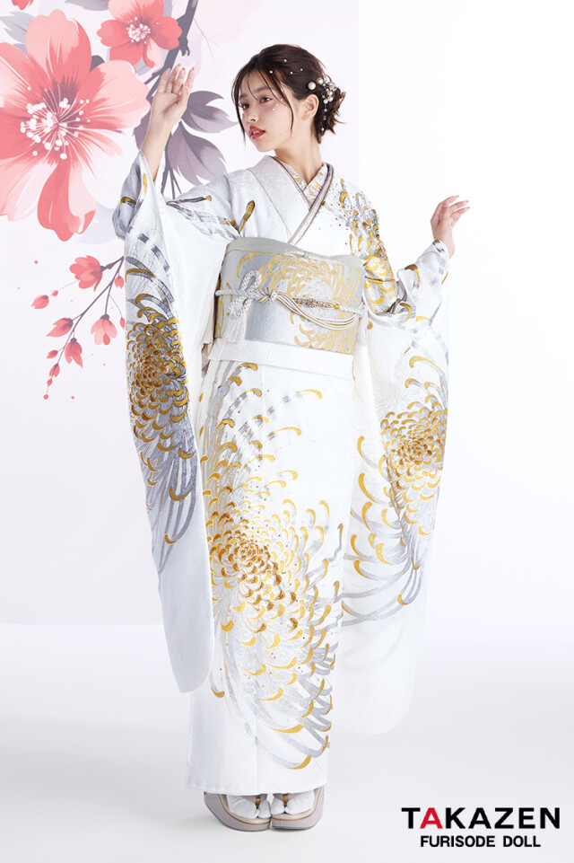 TAKAZENの振袖 /白色/黄色/古典/菊柄/ 最新作粋古典 白金 乱菊柄/大柄