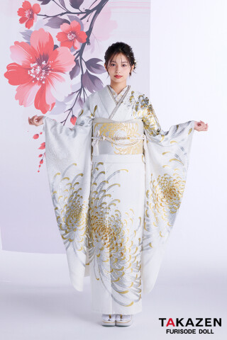 TAKAZENの振袖 /白色/黄色/古典/菊柄/ 最新作粋古典 白金 乱菊柄/大柄