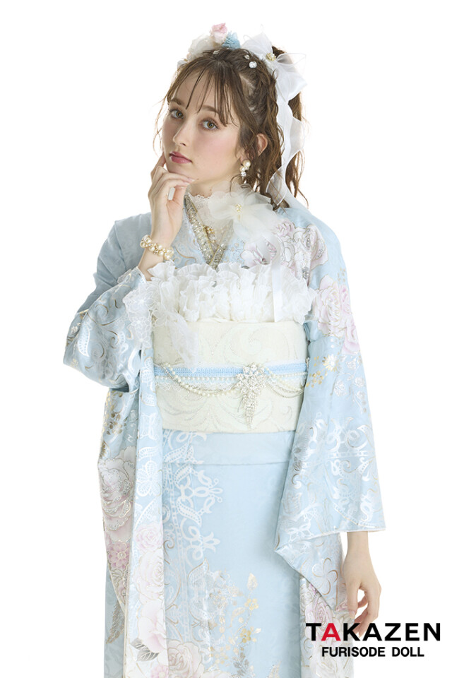 パラスパレス インディゴ 平織 銀梅花柄 丸首 プルオーバー TAKAZENの振袖 /水色/ピンク色/エレガント/バラ柄/ 最新作ヘップバーン