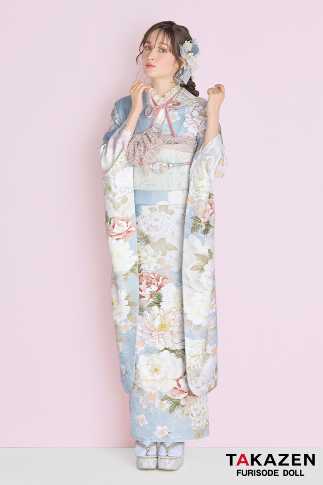 TAKAZENの振袖 /青色/古典/牡丹柄/ くすみカラーガーリー 水色/淡い色