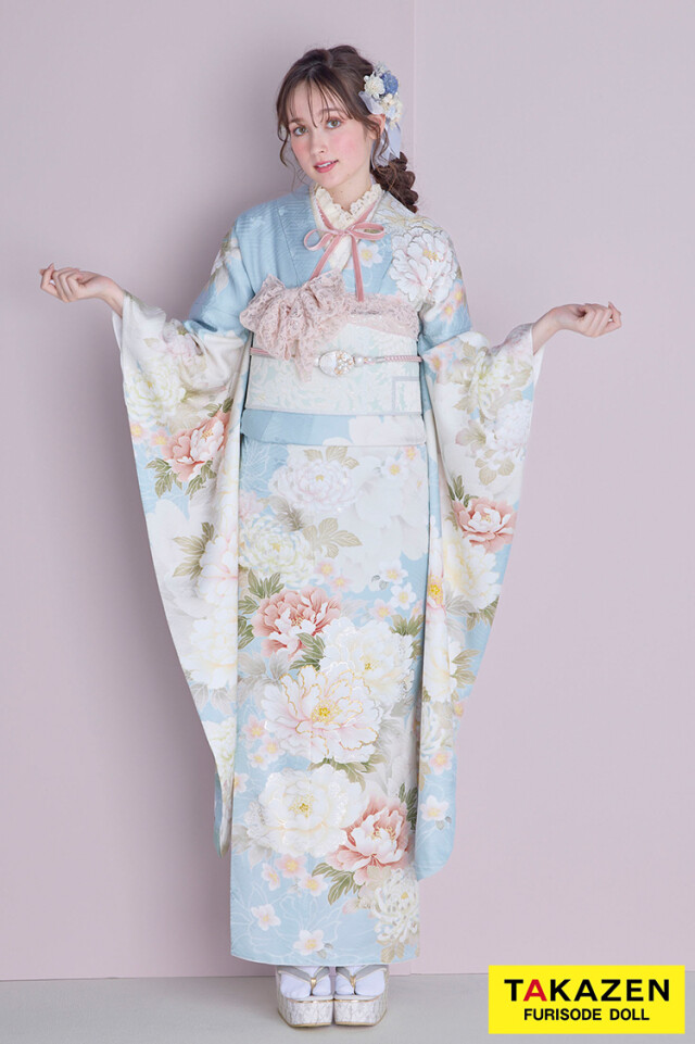 【koten】振り袖 フルセット　美品 TAKAZENの振袖 /青色/古典/牡丹柄/ くすみカラーガーリー 水色/淡い色